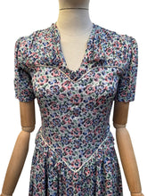 Load image into Gallery viewer, Original 1930's Floral Crepe Day Dress in Blue, Red and Green with Frill Trim - Bust 34