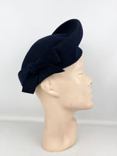 Load image into Gallery viewer, Original Late 1930's or Early 1940's Midnight Blue Felt High Hat with Bow Trim by Reslaw *