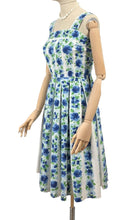 Load image into Gallery viewer, Original 1950's White and Blue Floral Stripe Cotton Dress Made in France - Bust 34 35 *