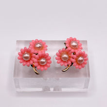 Load image into Gallery viewer, Original 1950's Pink Plastic Floral Earrings with Faux Pearl Middles