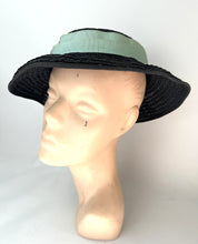 Load image into Gallery viewer, Original Late 1940's Black Straw Hat with Seafoam Green Grosgrain Trim *