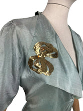 Load image into Gallery viewer, Original 1930's Pale Resida Green Evening Jacket with Gold Sequin Bow Trim - Bust 38 *