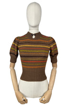 Load image into Gallery viewer, Reproduction 1930's Brown Hand Knitted Alpaca Wool Stripe Jumper with Puff Sleeves and Double Button Fastening - Bust 32 *