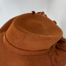 Load image into Gallery viewer, Original 1940's Rust Felt Tilt Topper Hat Trimmed with Large Felt Leaves and with a Neat Tie Back *