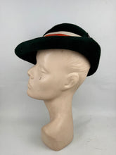 Load image into Gallery viewer, Original 1930's Dark Green Fur Felt Hat with Rust, Green and Ivory Grosgrain Trim - With Matching Scarf