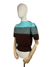 Load image into Gallery viewer, Reproduction 1940's Striped Jumper in Carob Brown and Turquoise Blue Pure Wool with Full Puff Sleeves - Bust 36 38