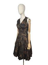 Load image into Gallery viewer, Original 1950's Petite Fit Black and Brown Floral Print Sleeveless Day Dress - Bust 32 34 *