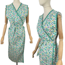 Load image into Gallery viewer, Original Volup 1940's Cotton Wraparound Apron in White, Green and Blue Floral - Bust 40 42 44 46 *