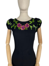 Load image into Gallery viewer, Original 1940's Ellen Kaye Original Black Crepe Cocktail Dress with Floral Sequin Detail in Pink and Green - Bust 32 34