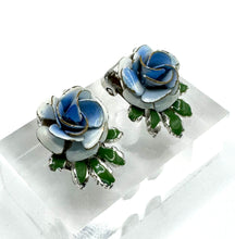 Load image into Gallery viewer, Original 1950's Mid Century Clip on Earrings by Coro - Blue and Green Enamel Roses