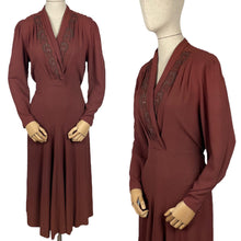 Load image into Gallery viewer, Original 1930's Warm Brown Crepe Dress with Embroidery and Soutache - Bust 36