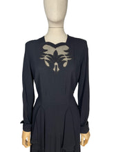 Load image into Gallery viewer, Original 1940’s Post WW2 Inky Black Crepe Cocktail Dress with Beaded Cutout Net Neckline and 11011 Label - Bust 38