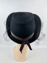 Load image into Gallery viewer, Outstanding Original 1940's Inky Black Felt Heart Hat with Face Veil and Stud Detail