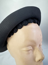 Load image into Gallery viewer, Original 1930's Black Hat with Swirl Trim Detail and High Brim *