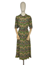 Load image into Gallery viewer, Original 1930's 1940's Green Crepe Day Dress with Floral Chevron Print in Red, Blue and Mustard