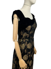 Load image into Gallery viewer, Original 1950's Elizabeth Henry of London Black and Metallic Gold Wiggle Cocktail Dress with Back Drapes - Bust 36