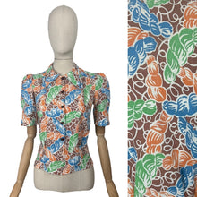Load image into Gallery viewer, 1940's Reproduction Novelty Print Blouse with Skeins of Wool in Orange, Blue and Green on a Brown and White Base Made From an Original 1940's Feed Sack - Bust 32 34