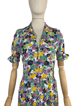 Load image into Gallery viewer, Original 1940's Bold Floral Crepe Day Dress in Pink, Green, Black and Yellow with Mother of Pearl Buttons - Bust 34