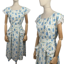 Load image into Gallery viewer, Original 1940's White and Blue Floral Cotton Button Back Belted Day Dress with Ruffle Trim - Bust 38