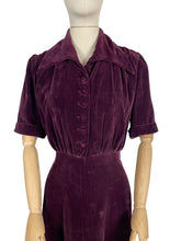 Load image into Gallery viewer, Original 1940's Aubergine Purple Cotton Velvet Dress with Huge Collar and Covered Buttons - Bust 38 40
