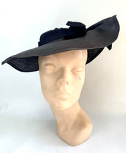 Load image into Gallery viewer, Original 1930's Dark Blue Straw Hat with Fluted Brim and Grosgrain Trim