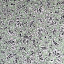 Load image into Gallery viewer, Original 1930's or 1940's Mint Green Crepe Dressmaking Fabric with White and Black Paisley Print - 35" x 120"