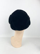 Load image into Gallery viewer, Original 1920's 1930's Black Cotton Velvet Close Fitting Hat with Leaf Trim *