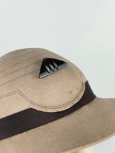 Load image into Gallery viewer, Original 1930's Taupe Seamed Felt Hat with Dark Brown Grosgrain Bow and Early Plastic Trim