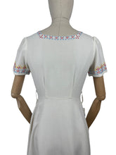 Load image into Gallery viewer, Original 1930's White Linen Day Dress with Pretty Embroidery in Red, Blue, Yellow and Brown - Bust 32 33 *