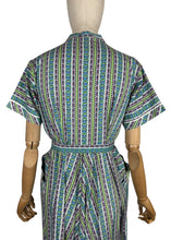 Load image into Gallery viewer, Original 1950's Australian Made Bright Floral Stripe Cotton Belted Day Dress in Green, Blue, Pink, Black and White - Bust 38 40 *