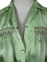 Load image into Gallery viewer, Original 1940’s Pale Green Artificial Silk Blouse with Colourful Smocking Detail - Bust 34 36