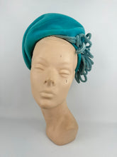 Load image into Gallery viewer, Original 1950's Bright Turquoise Blue Felt High Hat with Velvet Trim *