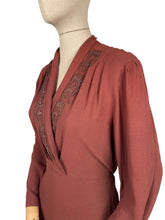 Load image into Gallery viewer, Original 1930's Warm Brown Crepe Dress with Embroidery and Soutache - Bust 36