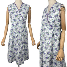 Load image into Gallery viewer, Original 1940's Floral Wraparound Apron in White, Purple, Blue and Green - Pretty Pinny - Bust 32 34 36