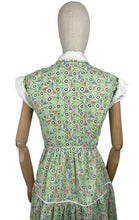 Load image into Gallery viewer, Original Late 1940's or Early 1950's Green Cotton Belted Day Dress with Leaf Print in Black, White, Red and Blue - Bust 34 *
