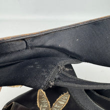 Load image into Gallery viewer, Wounded but Wearable Original 1940's Black Satin Evening Wedge Shoes with Gold Floral Applique Trim - Size 5 5.5