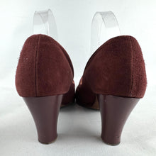 Load image into Gallery viewer, Original 1940's Burgundy Suede Court Shoes with Bow Trim and Punch Detail by Lotus - UK 6 6.5
