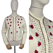Load image into Gallery viewer, Original 1950's Season's Fashions Wool Cardigan with Pretty Floral Embroidery and Faux Pearl Buttons - Bust 38