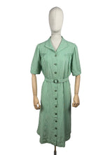 Load image into Gallery viewer, Original 1940's White and Green Candy Stripe Heavy Linen Button Front Belted Day Dress - Bust 40 42 *