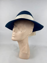 Load image into Gallery viewer, Original 1930's 1940's Blue Felt Fedora with Wide Ivory Grosgrain Band