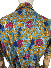 Load image into Gallery viewer, Original 1950's Bold Floral Crisp Cotton Belted Chore Dress by Banner - Blue with Pink Roses - Bust 40 *