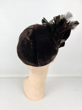 Load image into Gallery viewer, Original 1930's Dark Brown Velvet Skull Cap Hat with Large Feather Trim *