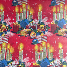 Load image into Gallery viewer, Original Vintage Colourful Christmas Wrapping Paper - Red Base with Piles of Christmas Presents, Baubles and Flaming Candles