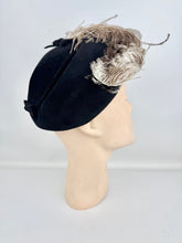 Load image into Gallery viewer, Original 1950’s Black Felt Hat with Large Ostrich Feather and Paste Trim by Wilmine *
