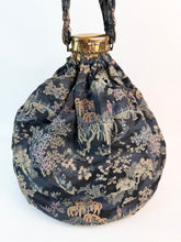 Load image into Gallery viewer, Stunning Antique Chinese Print Silk Brocade Bag with Dragon Boats, Bridges and Trees with Expandable Gate Frame - Gorgeous Piece *