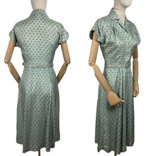 Load image into Gallery viewer, Original 1950's St Michael Sage Green Artificial Silk Belted Day Dress with Pretty Floral Print in Pink, Yellow and White - Bust 34 36 *