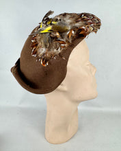 Load image into Gallery viewer, Original 1940's Brown Felt Bonnet Hat with Bird and Pheasant Feather Trim *