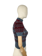 Load image into Gallery viewer, Reproduction 1940's Lace Striped Jumper in China Blue and Burgundy Red Wool - Bust 32 34 *