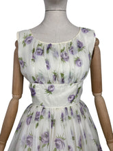 Load image into Gallery viewer, Original 1950's Cream, Purple and Green Rose Print Nylon Full Skirted Dress - Bust 34 35 *