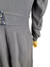 Load image into Gallery viewer, Original Late 1930's or Early 1940's Midnight Blue Crepe Day Dress with Long Sleeves and Amazing Soutache Waist Detail - Bust 34 35